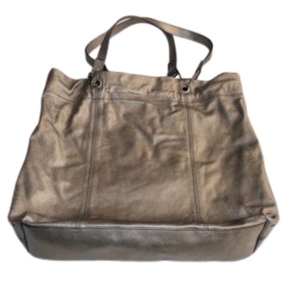 Burberry Dark Nickel Metallic Leather Drawstring Tote with Metal Accents - Picture 4 of 16